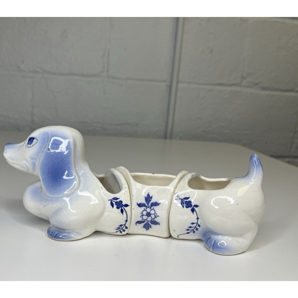 Vtg 1960's 3 Pc. Positional Blue Willow Dog Dachshund Planter Snack Tray Japan - Picture 2 of 15